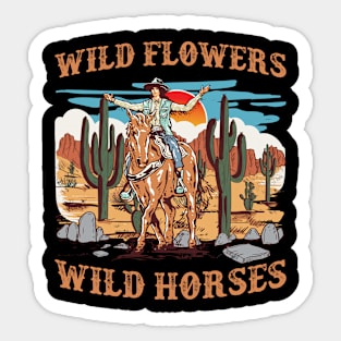 Sunset Cowgirl Riding Horse Wild Flowers - Wild Horses Gift For Mother day Women Sticker